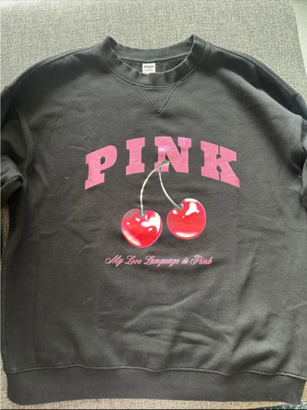 PINK Victoria's Secret Black Crewneck Sweatshirt with Cherry Graphic